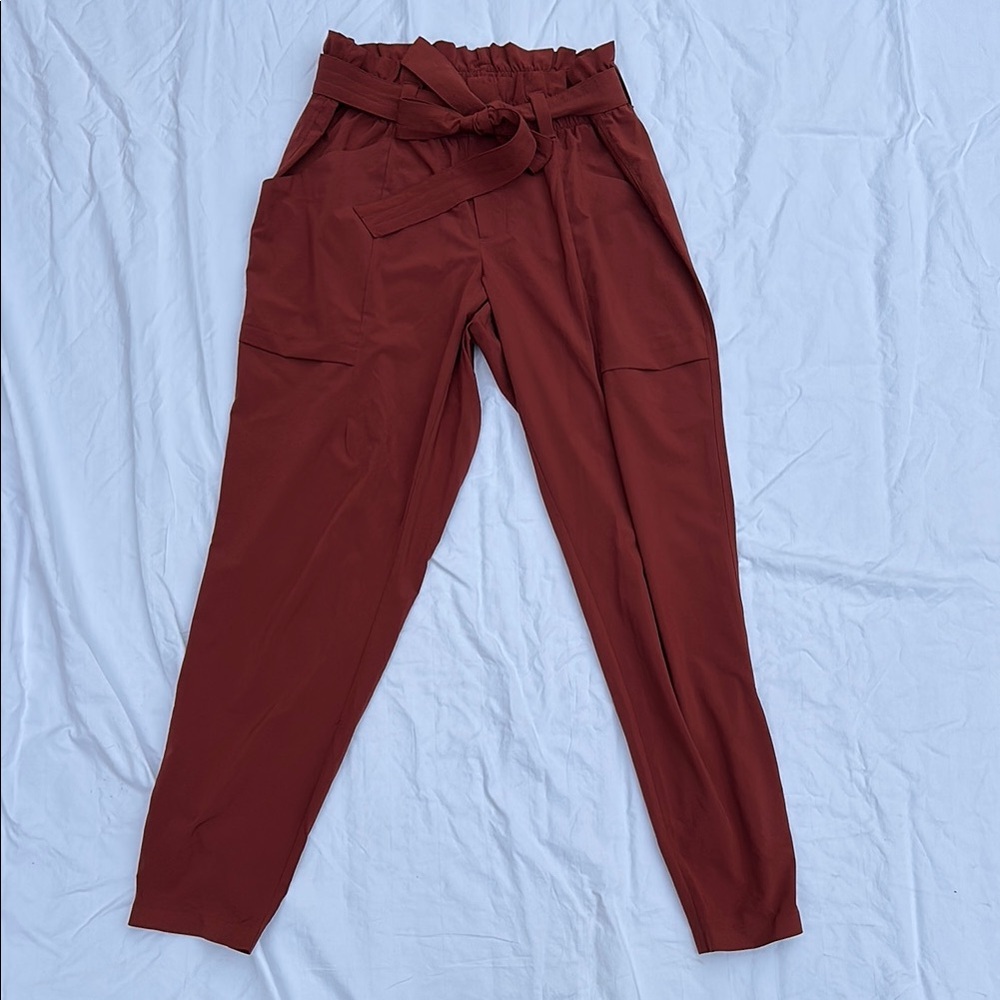 Athleta Rust-Red High-Waisted Paper Bag Trousers with Tapered Leg